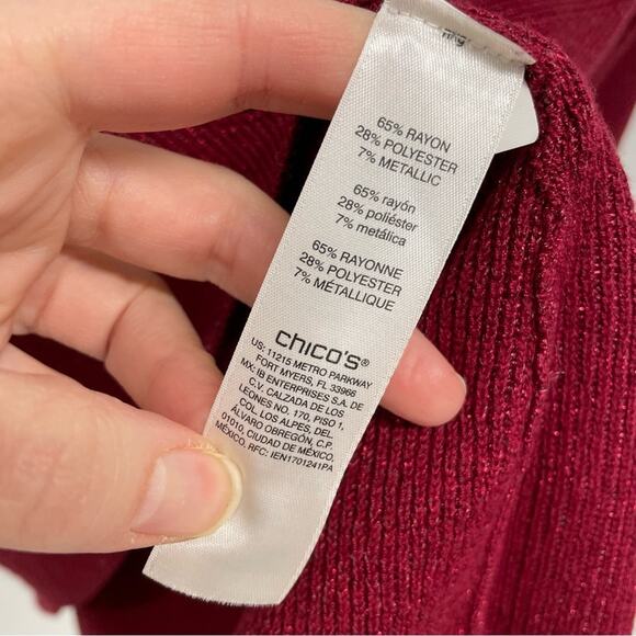 Chicos Red Metallic V Neck Pullover Sweater Womens M Holiday Casual Cozy - Picture 5 of 6